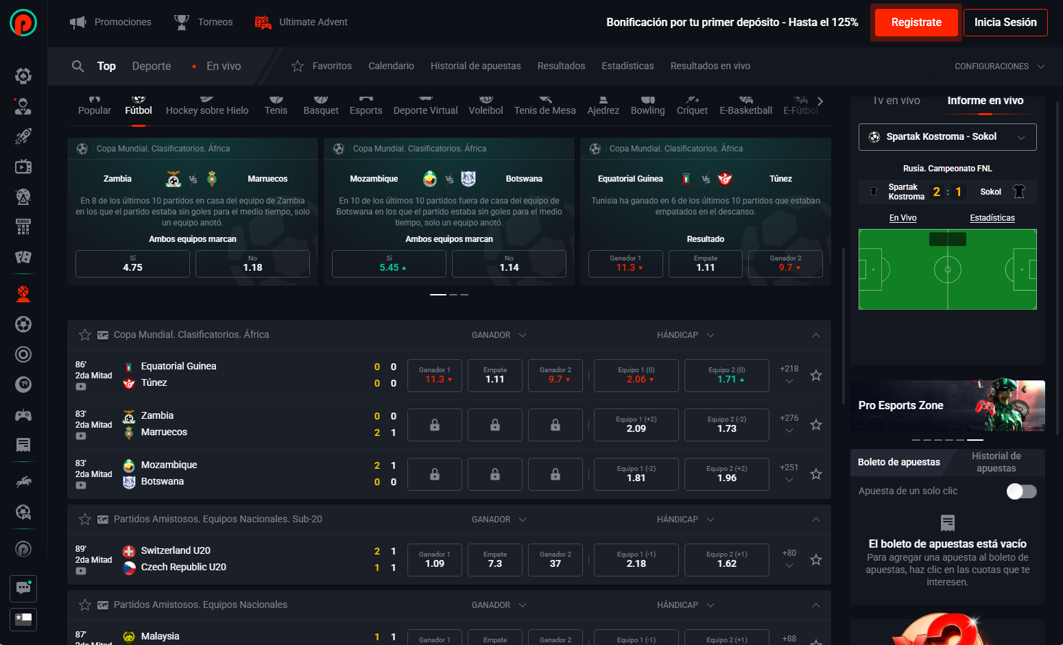 Sports betting panel with Chilean football matches