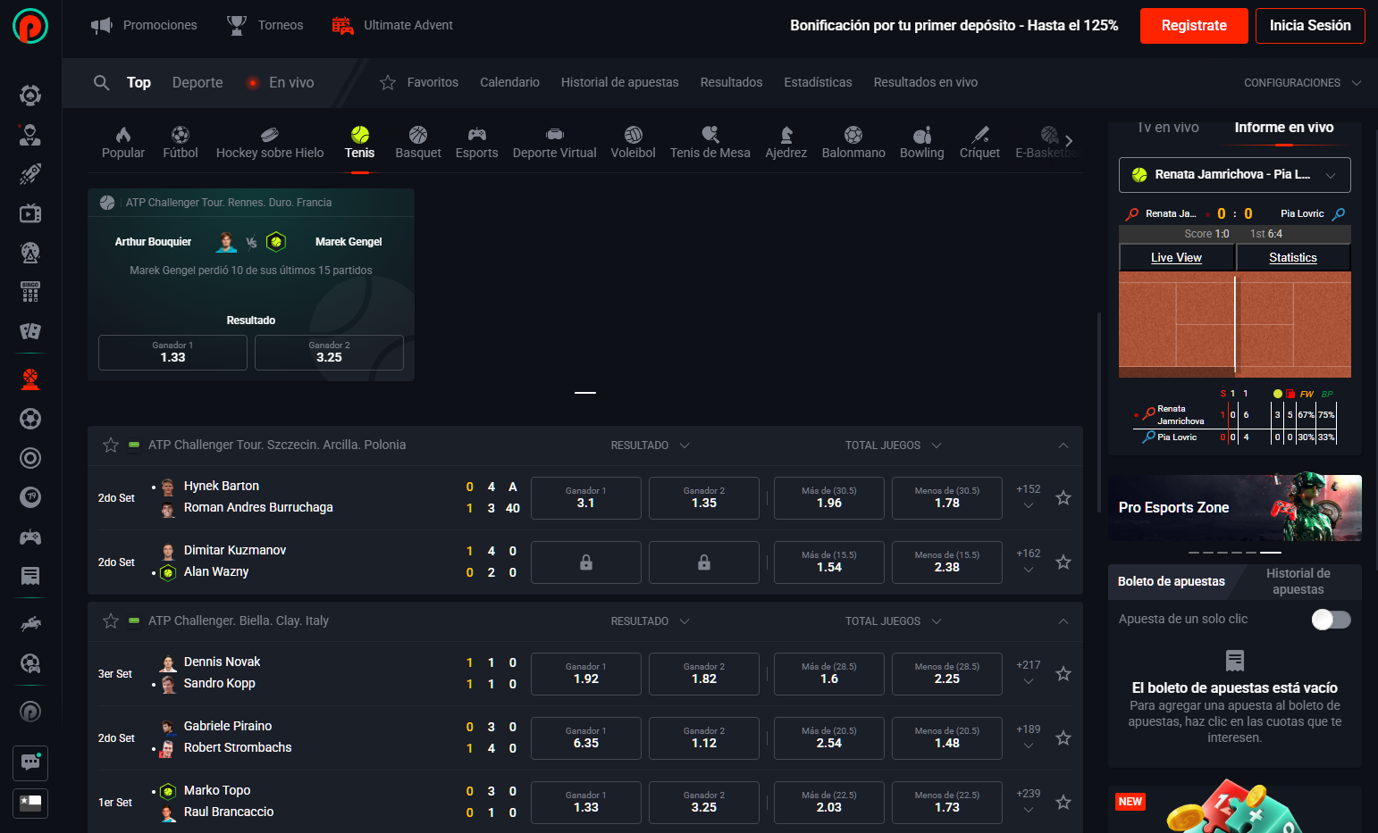 Plataforma de apuestas de tenis Pin-Up Chile con cuotas en vivo