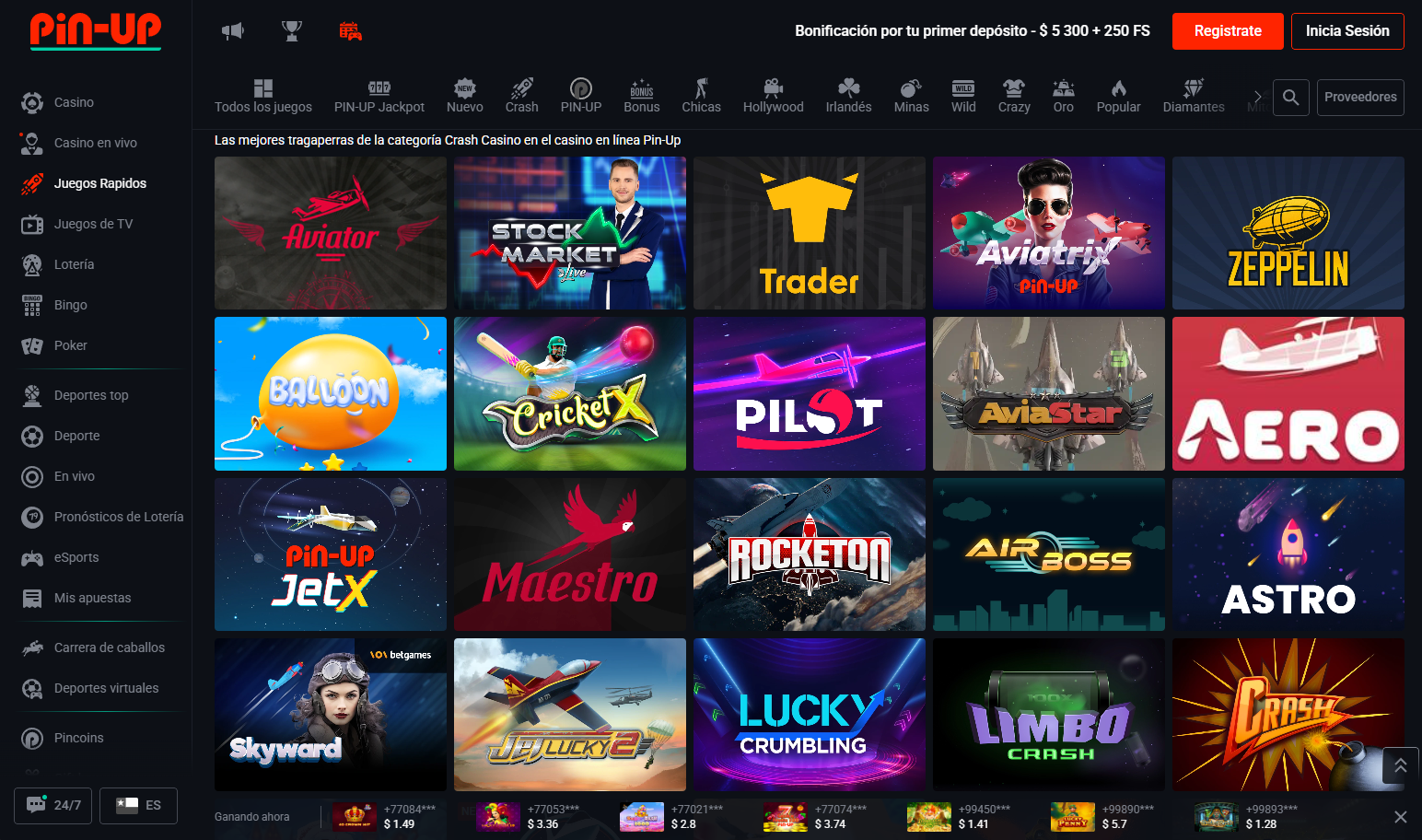 Catalog of most popular games at Pin Up Casino Chile