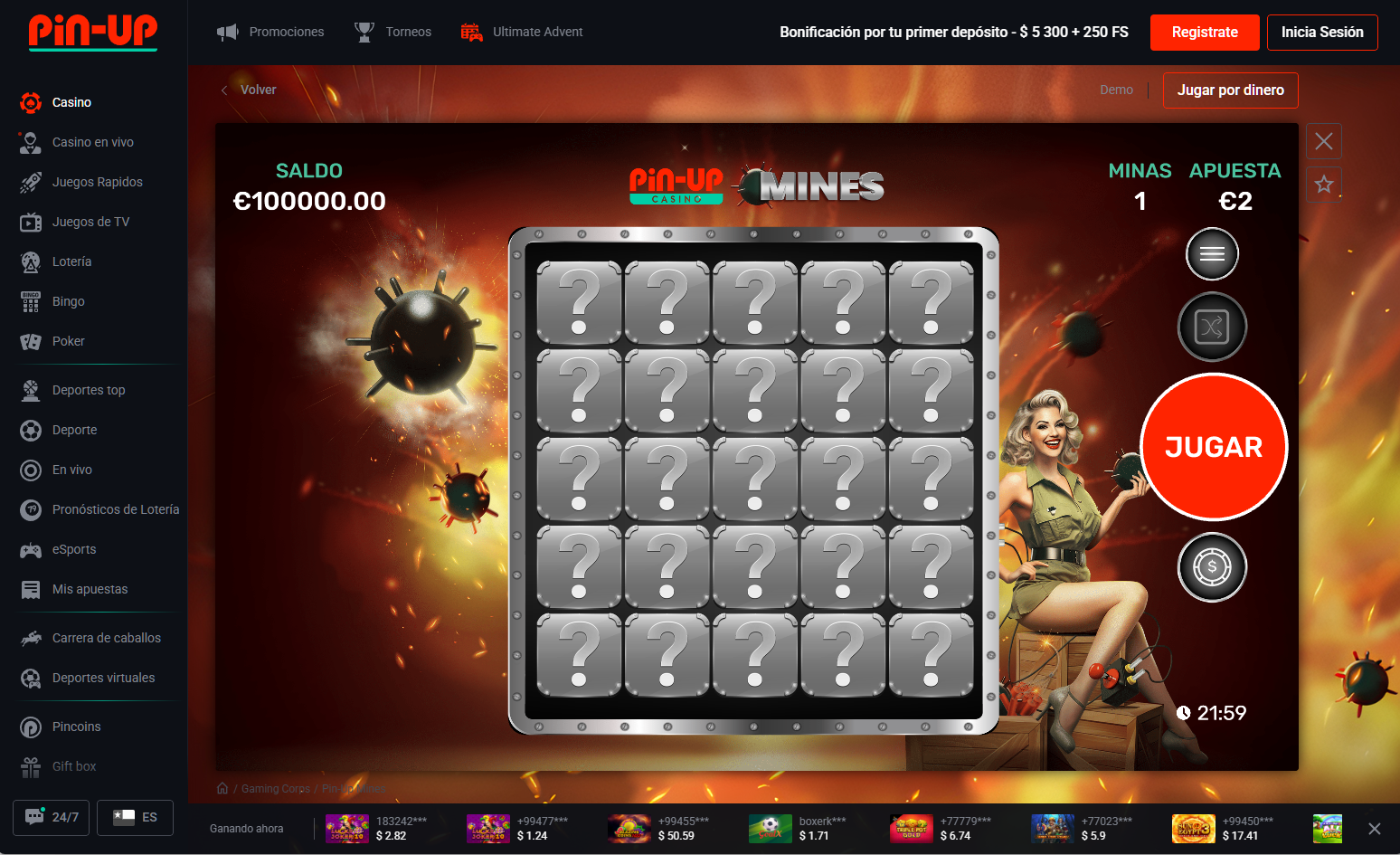 Interfaz del juego Mines Pin-Up Chile con tablero de minas