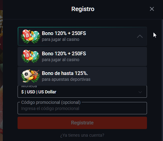 Panel de activación bono bienvenida Pin-Up Chile con opciones y requisitos