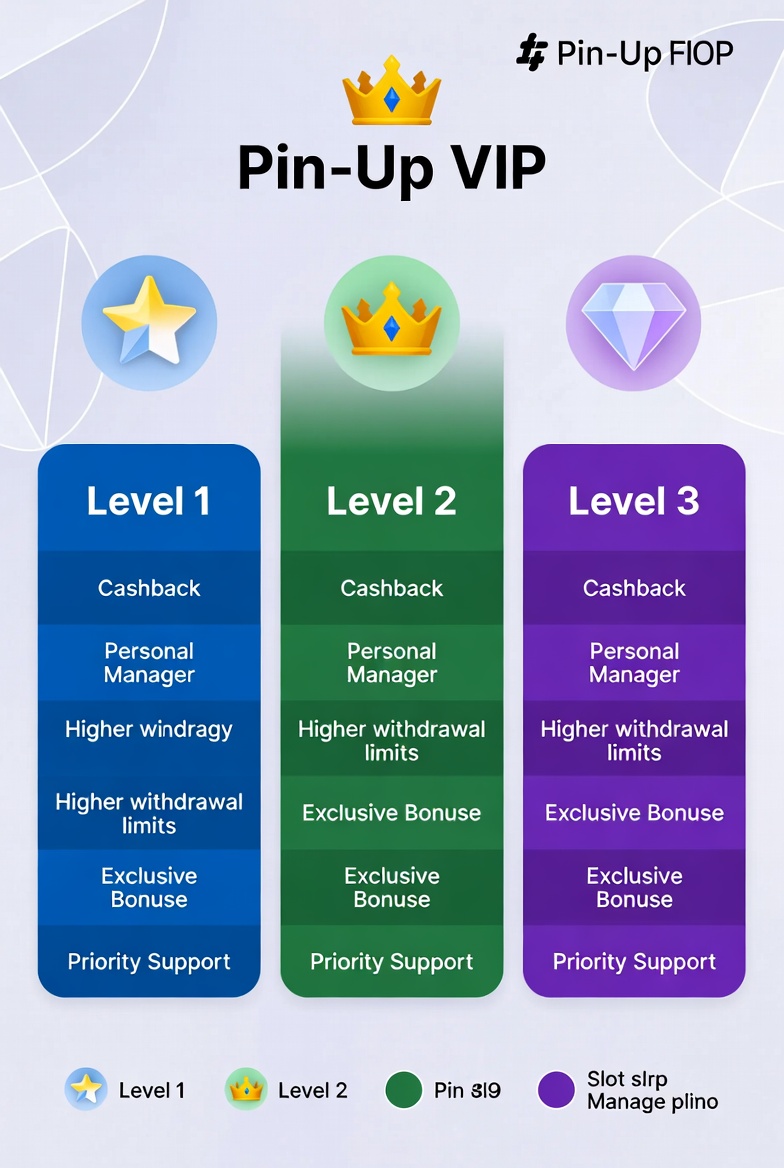 Pin-Up VIP program diagram showing levels and benefits for slot players
