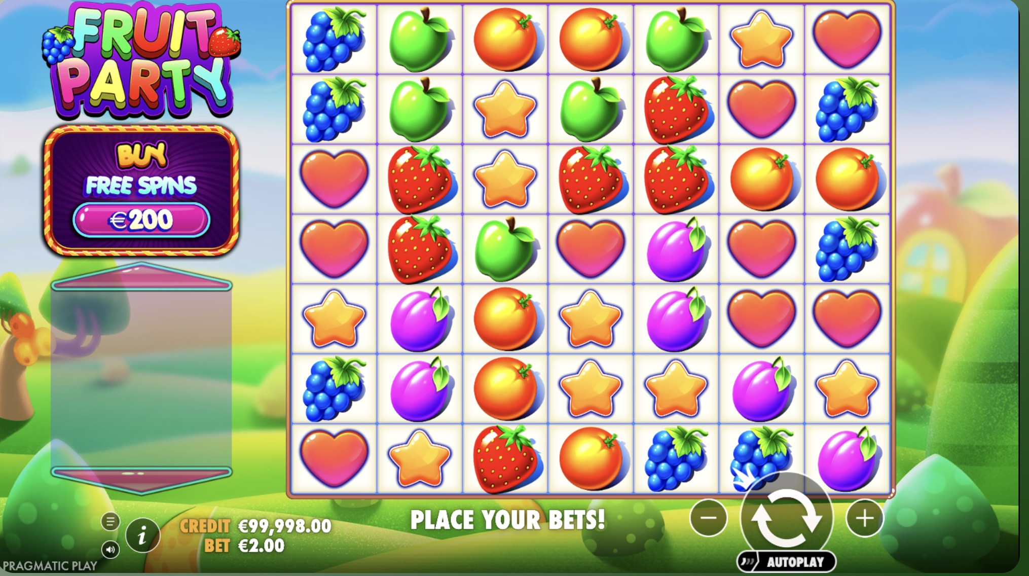 Panel de control de apuestas en Fruit Party mostrando opciones de valor, turbo y auto-spin en pesos chilenos