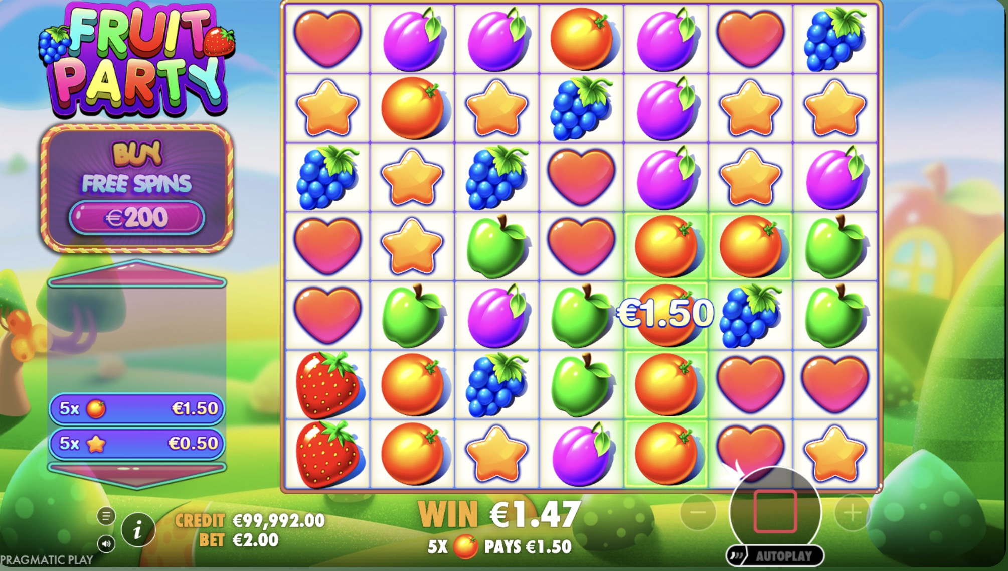 Fruit Party ejecutándose en smartphone mostrando interfaz optimizada para pantalla táctil en Pin-Up