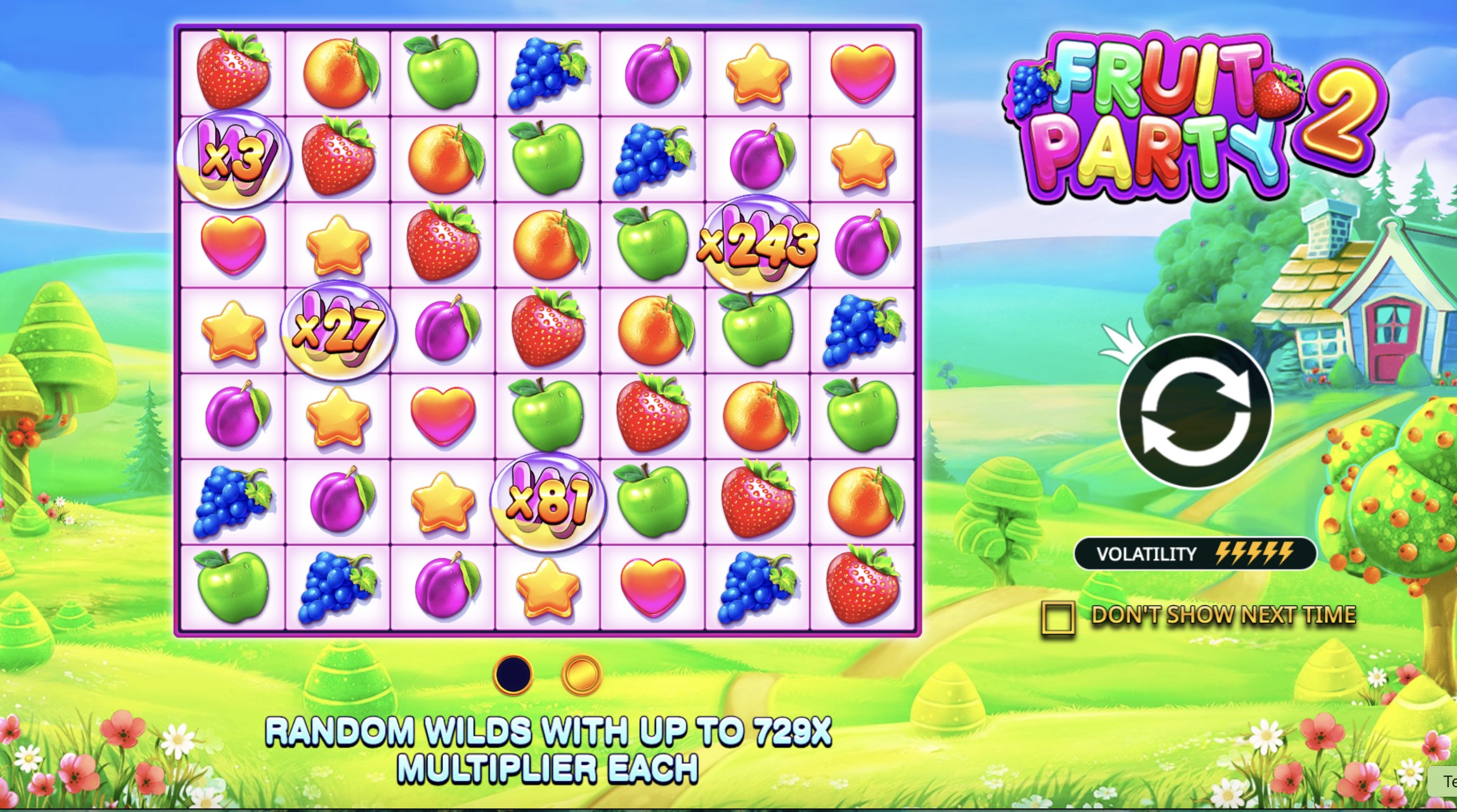 Esquema visual explicando cómo se acumulan los multiplicadores en Fruit Party 2