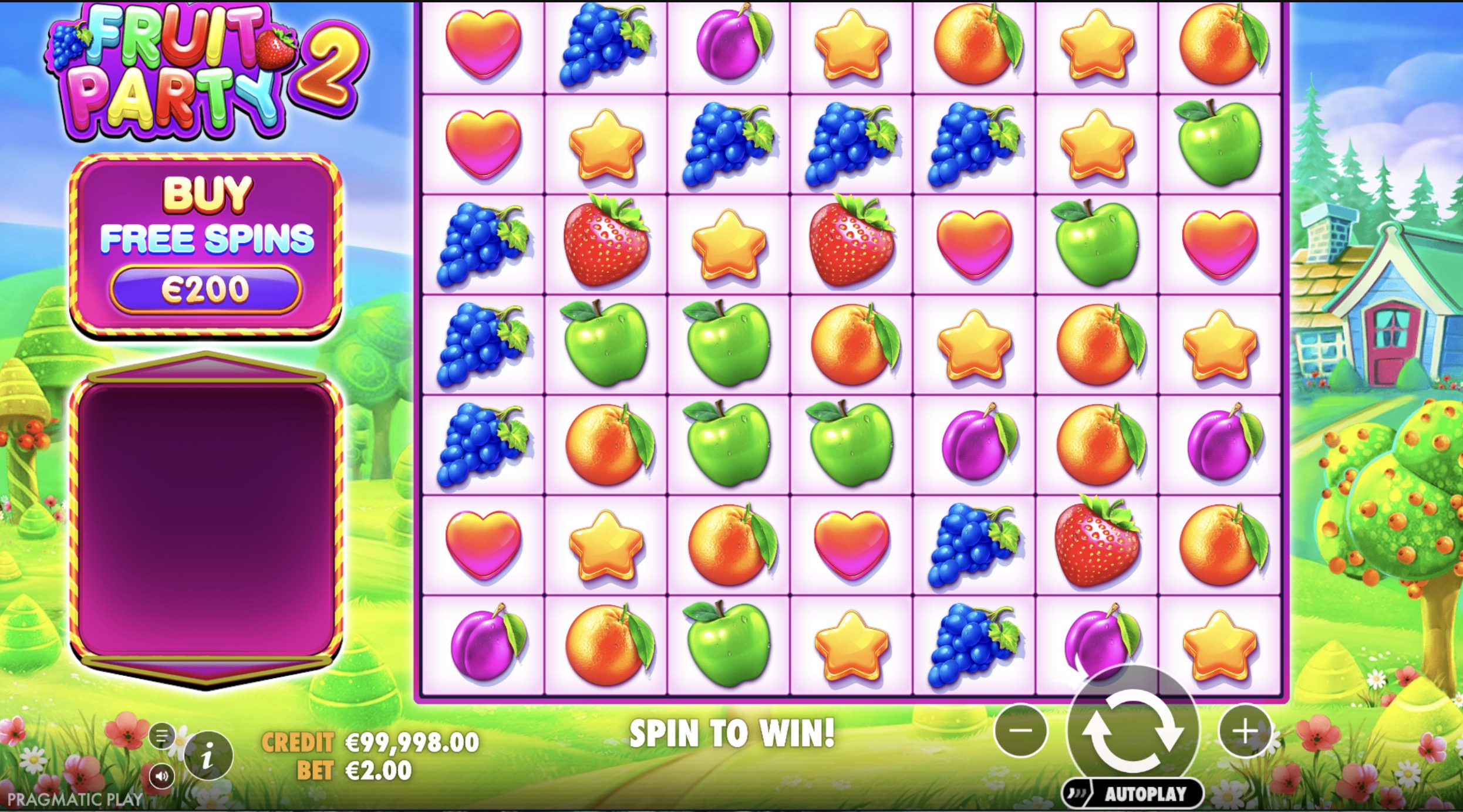Captura de pantalla de los Free Spins activos en Fruit Party 2 con multiplicadores visibles