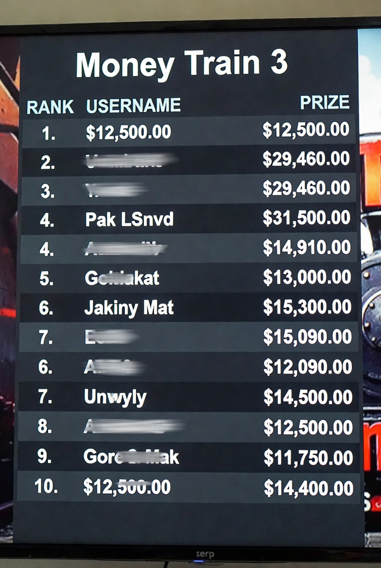 Tabla de clasificación de torneo de Money Train 3 mostrando top 10 jugadores y premios