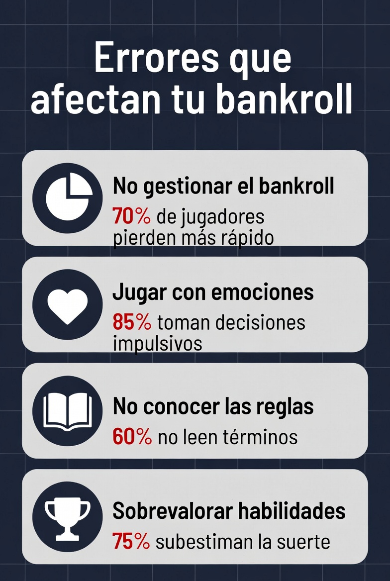 Infografía listando 4 errores principales con íconos y estadísticas de impacto en bankroll