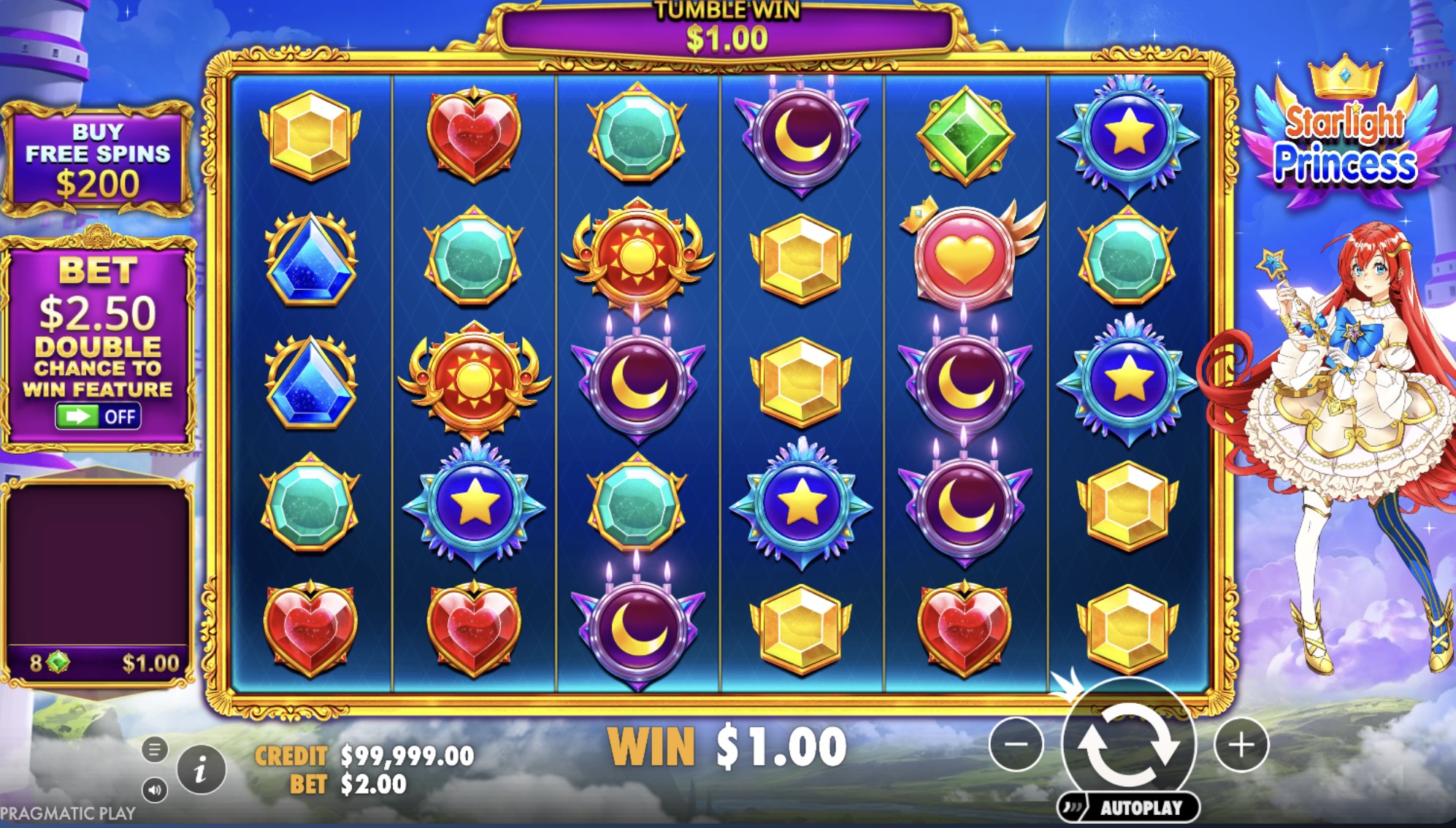 Screenshot showing 15 active free spins with x124 accumulated multiplier