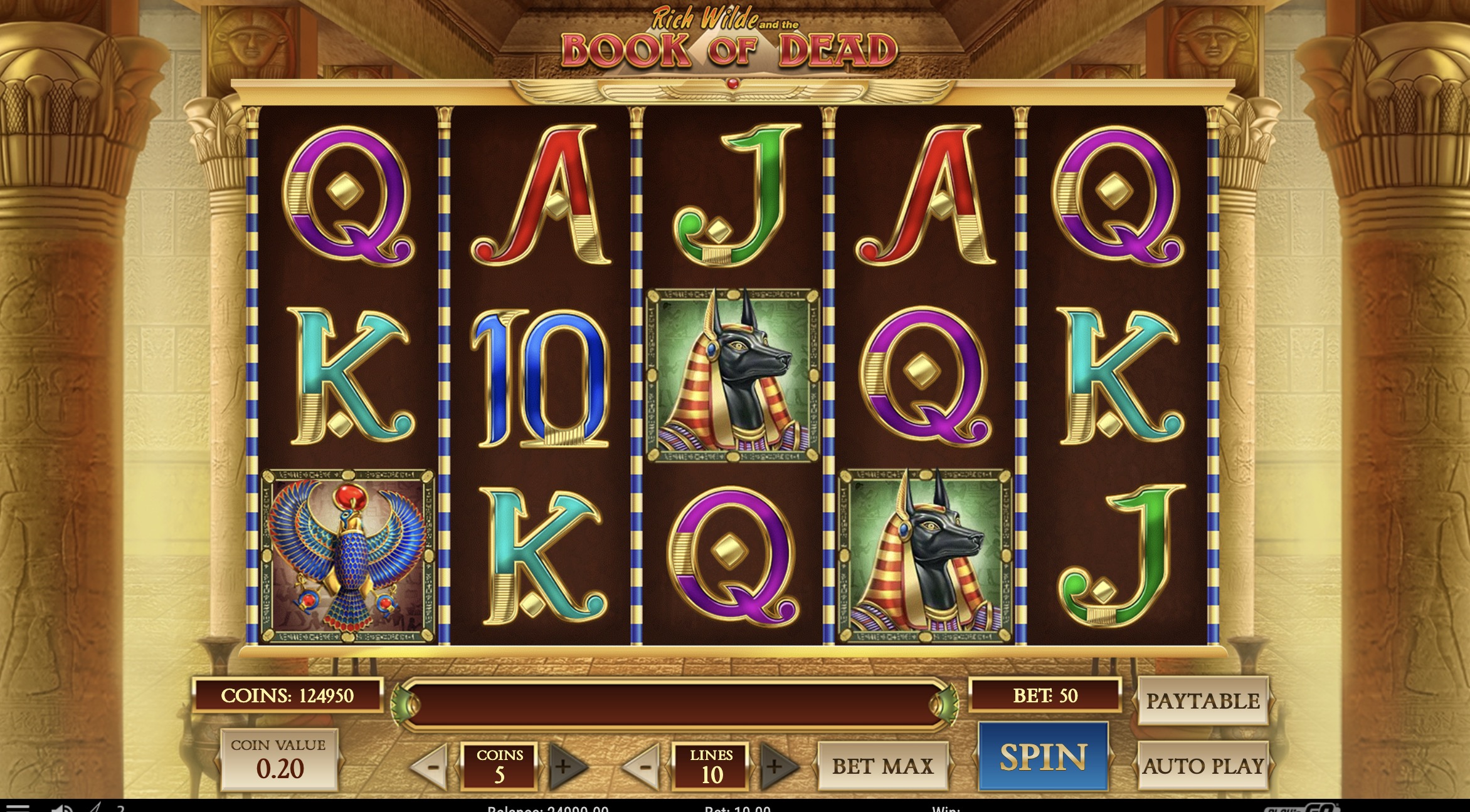 Tabla de pagos completa del slot Book of Dead mostrando valores de símbolos y multiplicadores