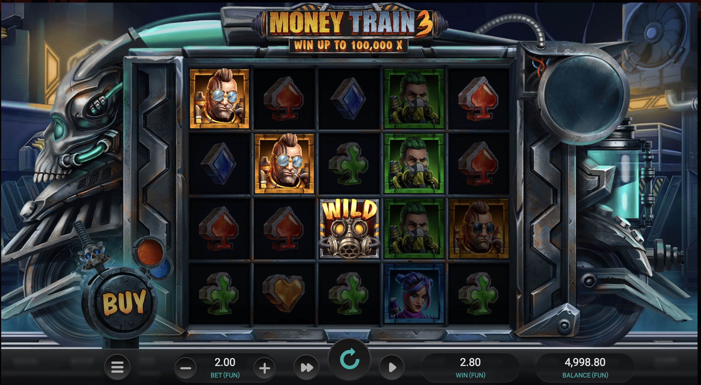 Pantalla de bonus de Money Train 3 con múltiples multiplicadores y collectors activos