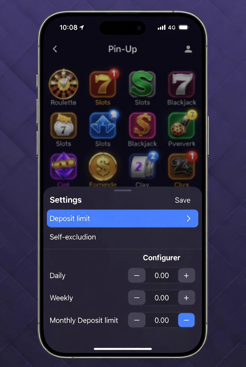 Interfaz de configuración de límites de depósito y autoexclusión en cuenta Pin-Up