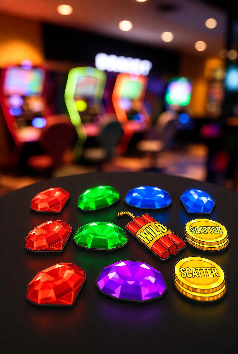 Collection of Bonanza Megaways symbols: red, green, blue, purple gems, dynamite wild, and GOLD scatter