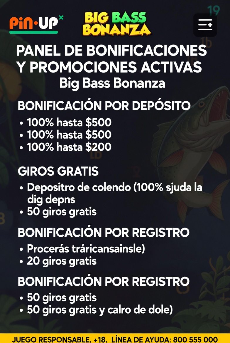 Panel de bonificaciones y promociones activas para Big Bass Bonanza en Pin-Up