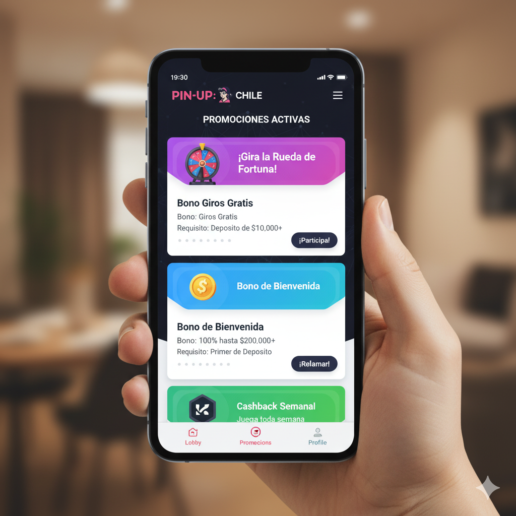 Dashboard de promociones activas en Pin-Up Chile mostrando bonos disponibles y requisitos