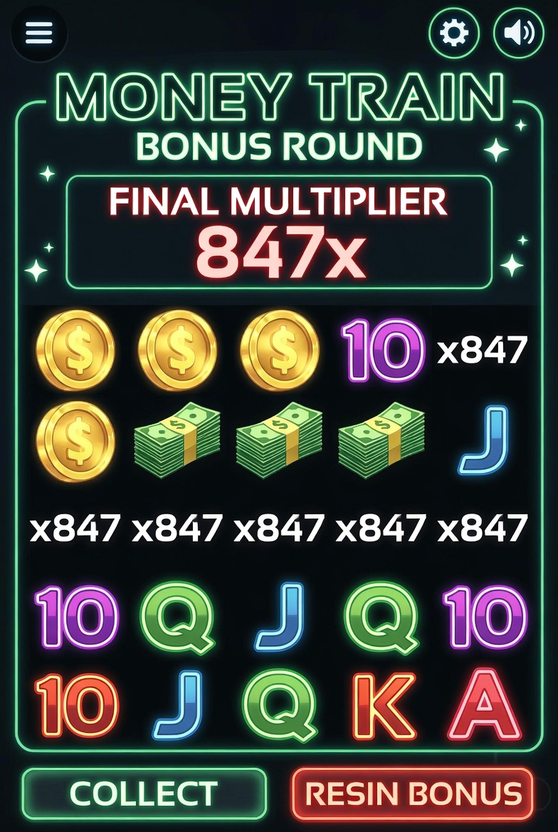 Captura de pantalla mostrando bonificación de Money Train con 847x multiplicador final