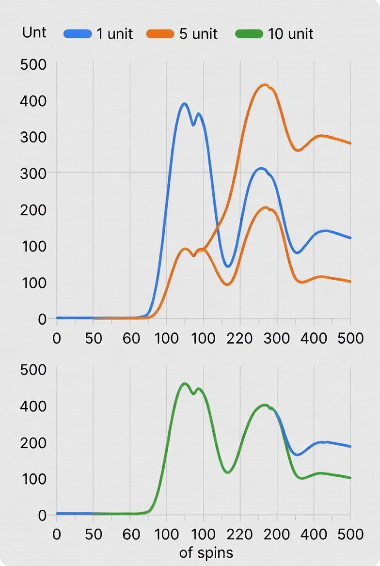 Gráfico mostrando curvas de balance en tres sesiones de 500 giros con diferentes apuestas