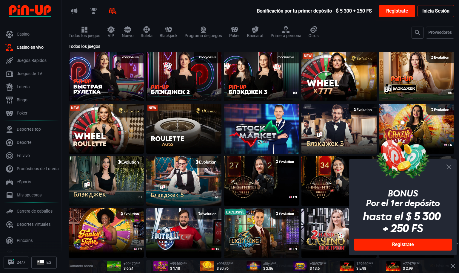 Dashboard principal de Pin-Up Chile mostrando catálogo completo de slots y casino en vivo