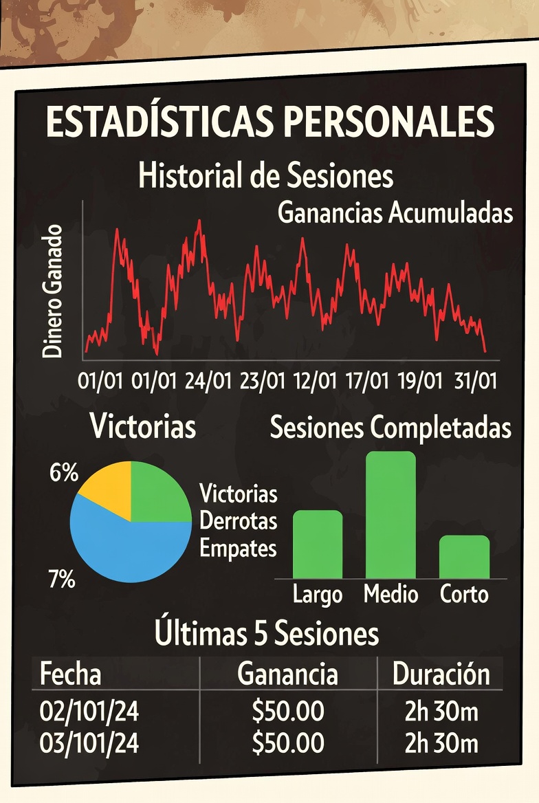 Personal statistics panel showing session history, accumulated winnings, and play patterns