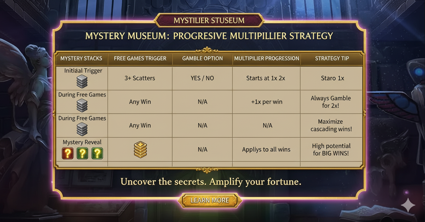 Gráfico de estrategia de multiplicadores progresivos en Mystery Museum