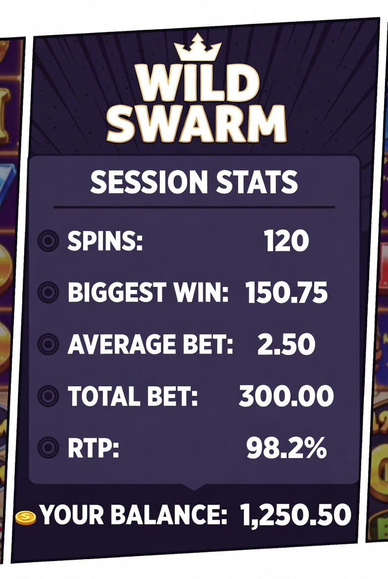 Panel de estadísticas de sesión en Pin-Up mostrando métricas de juego en Wild Swarm