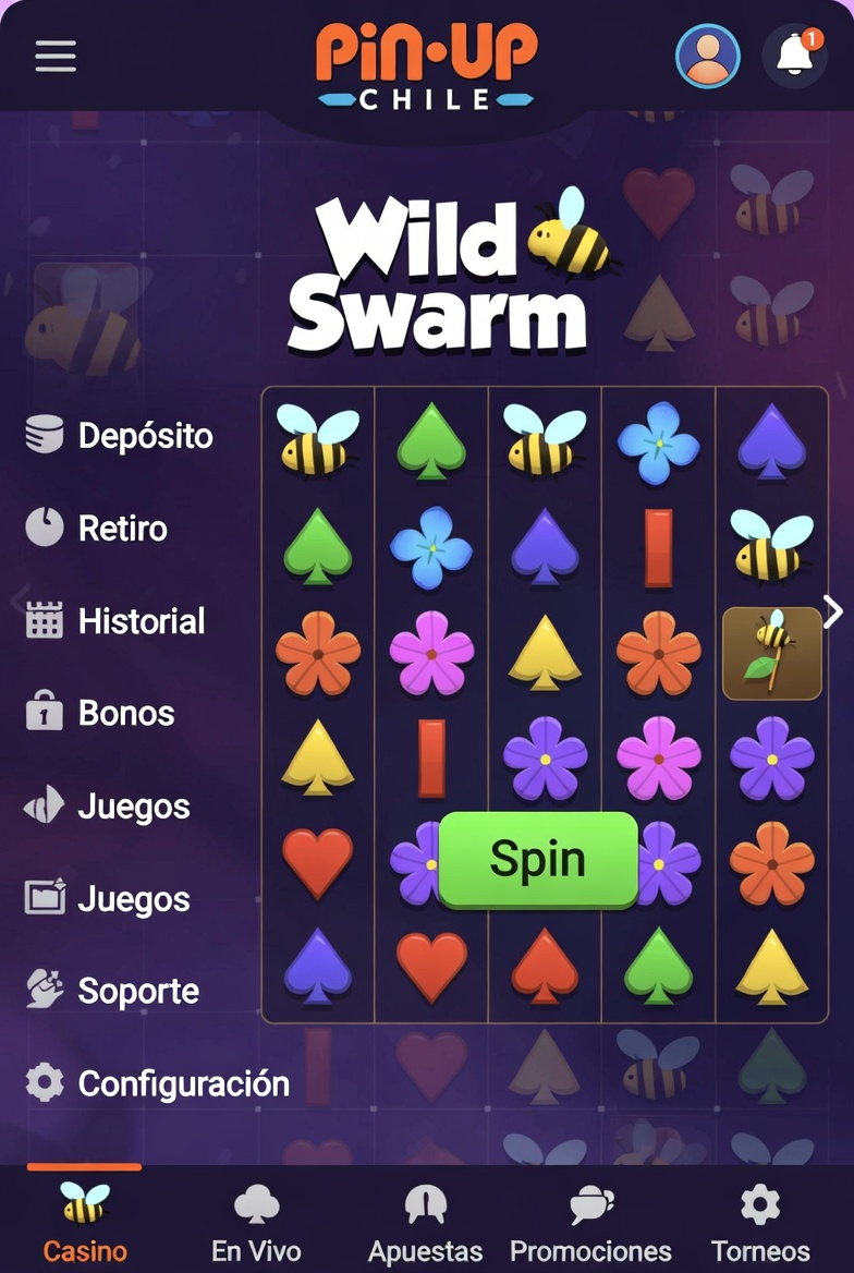 Vista completa de la interfaz de Pin-Up Chile mostrando Wild Swarm y opciones de usuario