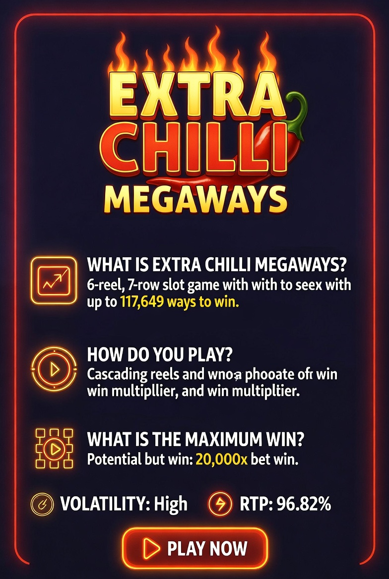 Infographic with visual answers to frequently asked questions about Extra Chilli Megaways