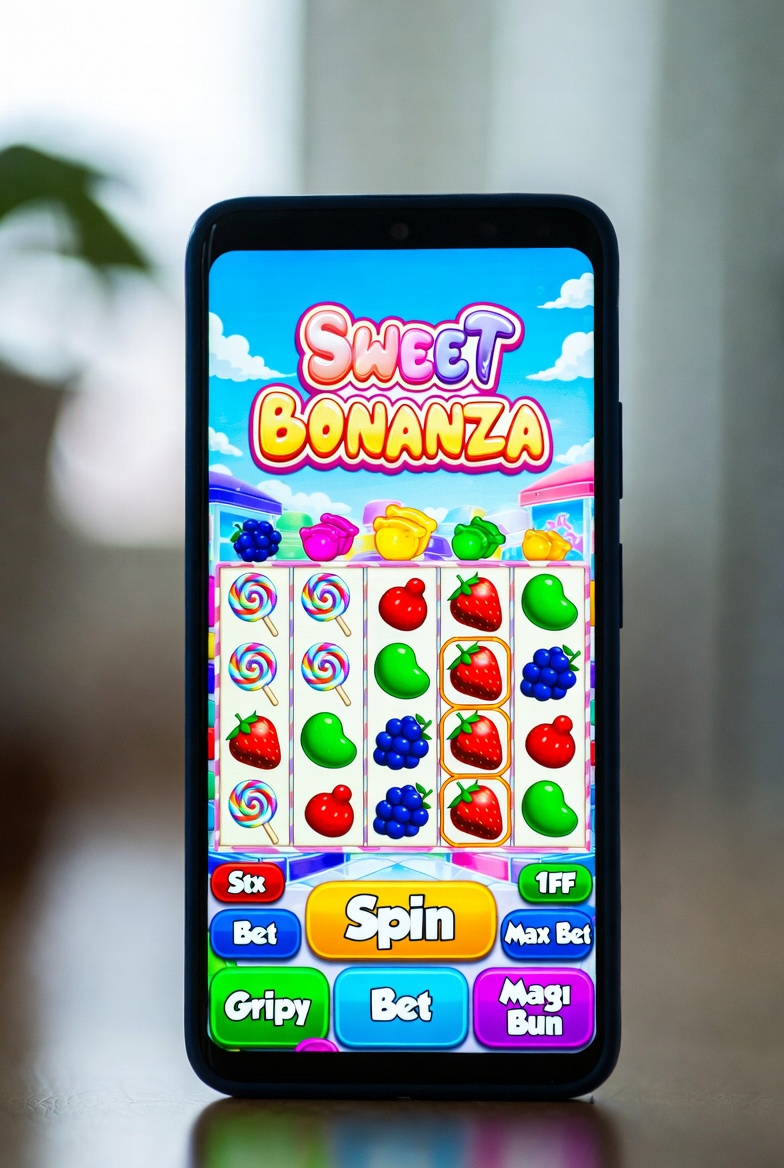Screenshot of Sweet Bonanza on mobile interface showing optimized touch controls