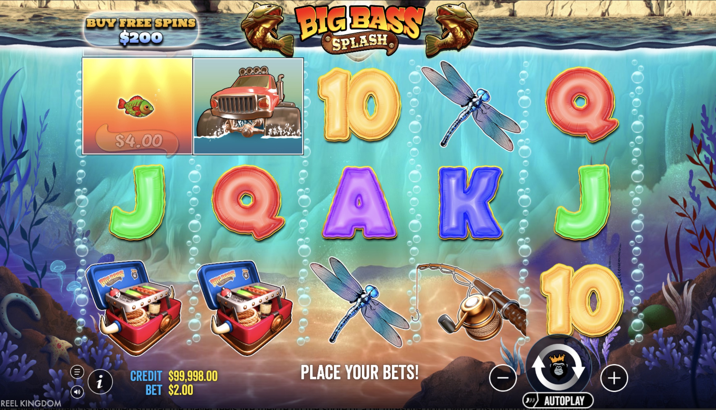 Screenshot of free spins round in Big Bass Splash with x5 multiplier and active money symbols