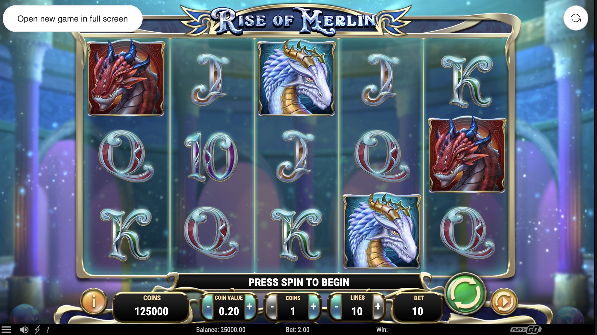 Tabla de pagos completa Rise of Merlin mostrando valor de cada símbolo y combinaciones ganadoras