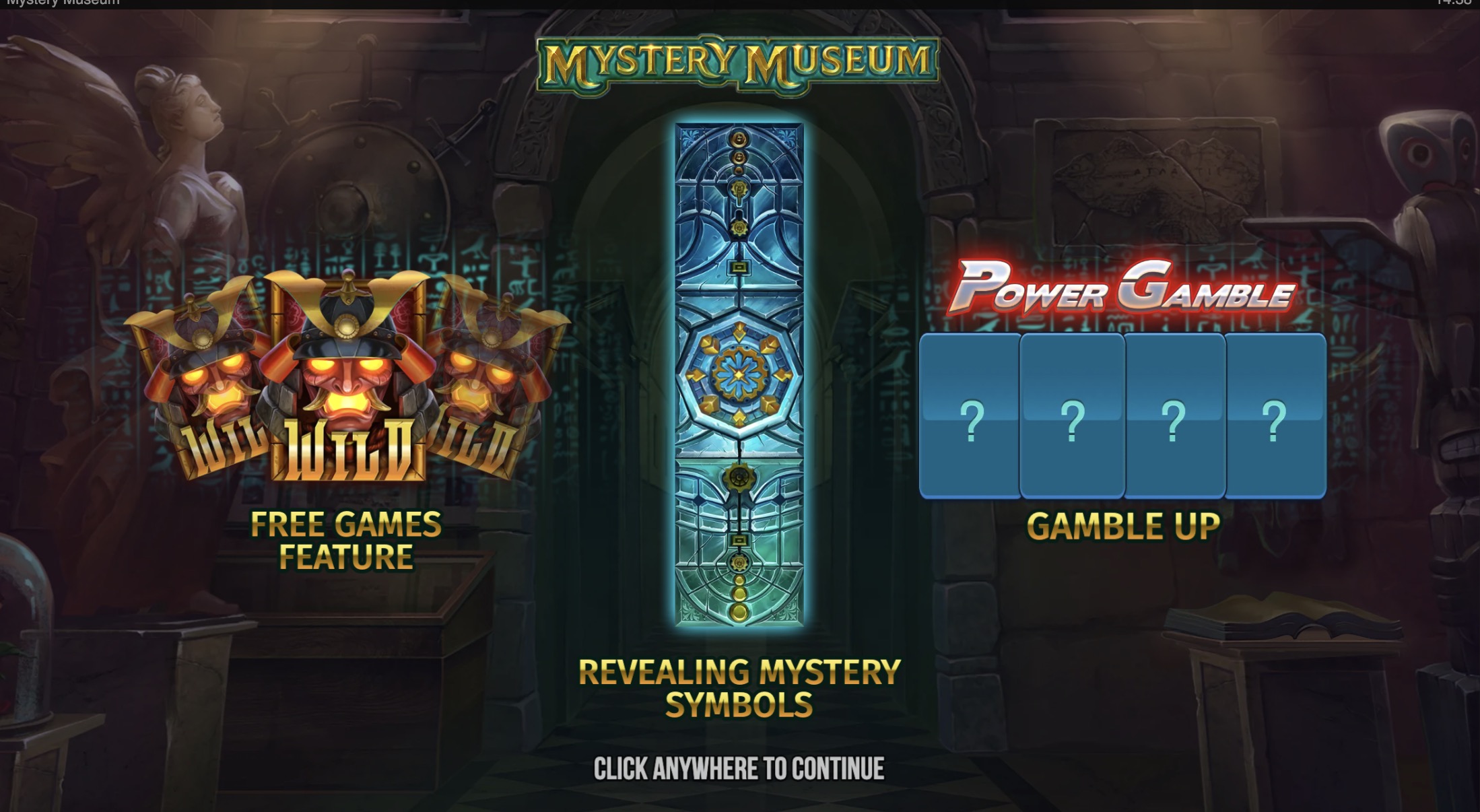 Pantalla de activación de giros gratis con 3 símbolos Scatter en Mystery Museum