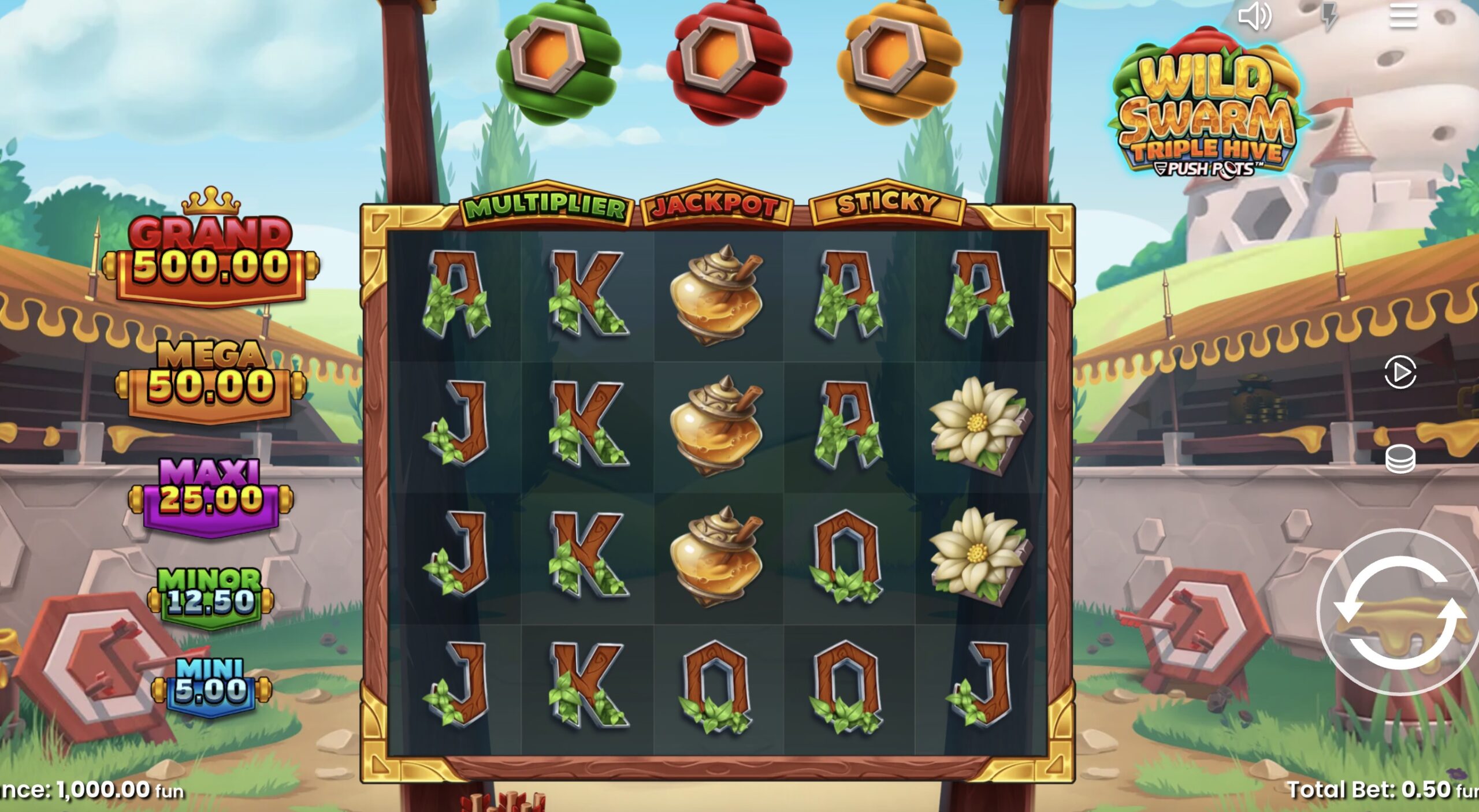 Ejemplo de respins con wilds pegajosos multiplicándose en Wild Swarm de Push Gaming