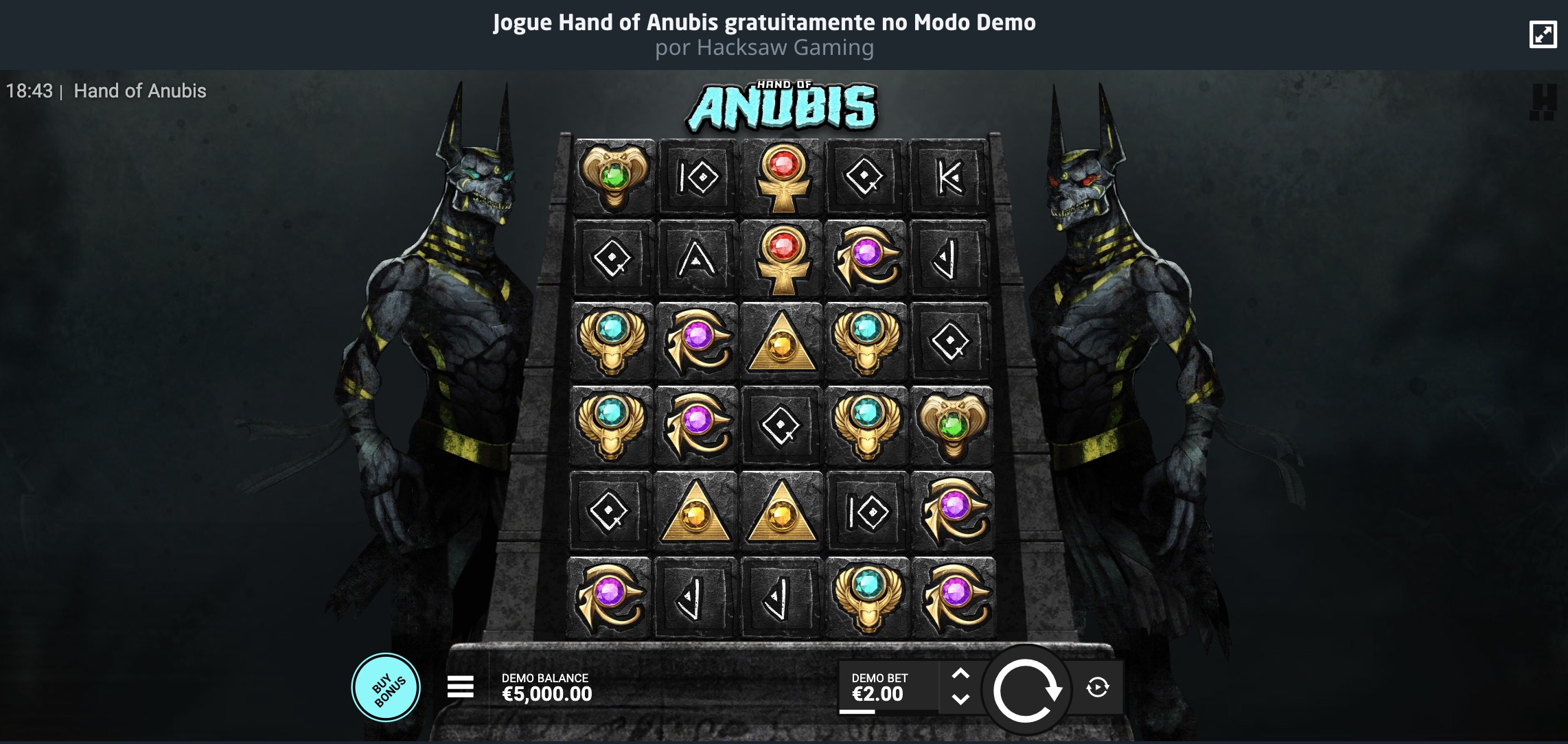 Tabla de pagos completa de Hand of Anubis mostrando valores de símbolos egipcios y multiplicadores