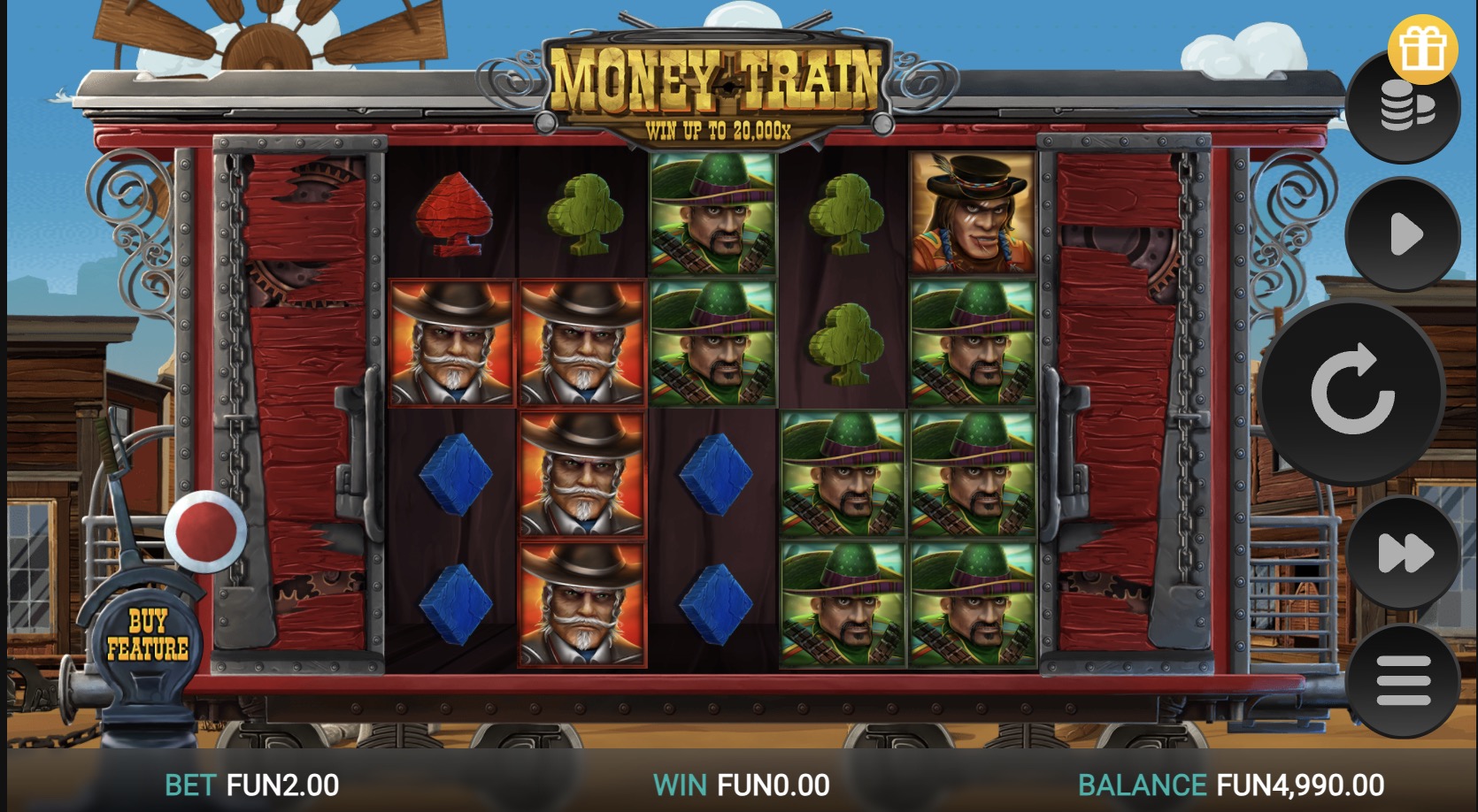Panel de configuración de Money Train mostrando opciones de velocidad, sonido y calidad gráfica