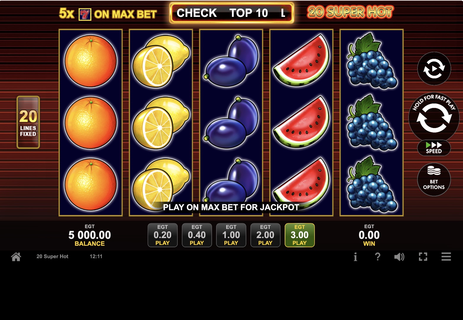 Pantalla principal del slot 20 Super Hot de EGT en Pin-Up Chile