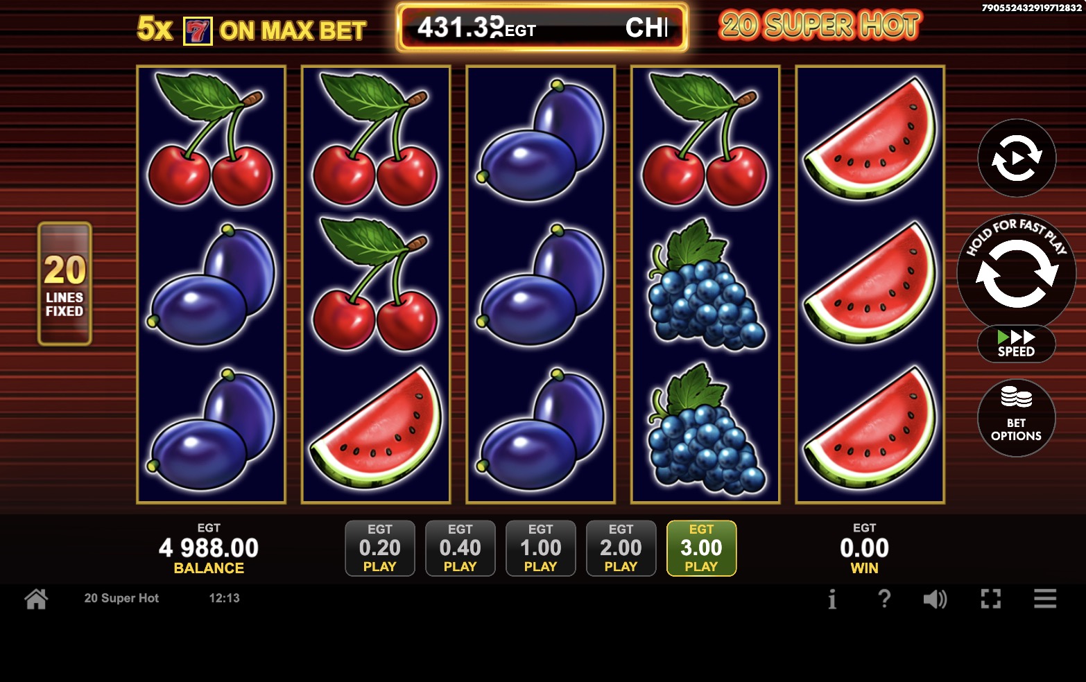 Símbolos detallados de frutas en 20 Super Hot slot